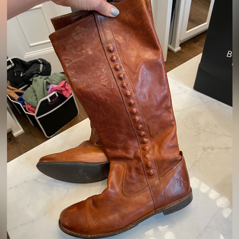 Leather Frye Paige Stud Riding Tall Boots 8.5 Brown worn once